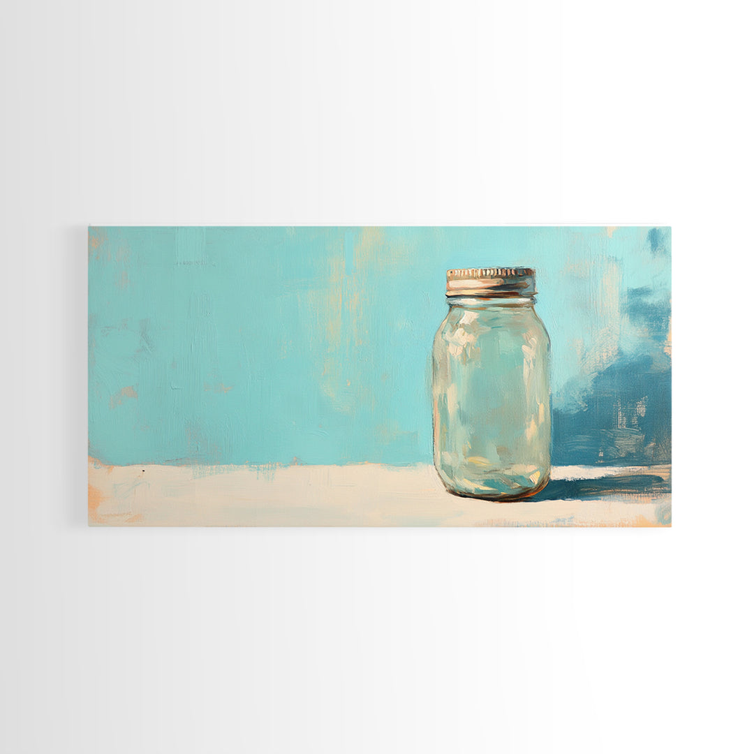 Single Mason Jar On Turquoise Background Wall Art, Minimalist Kitchen Print, Farmhouse Decor, Rustic Home Decor, Gift For Her