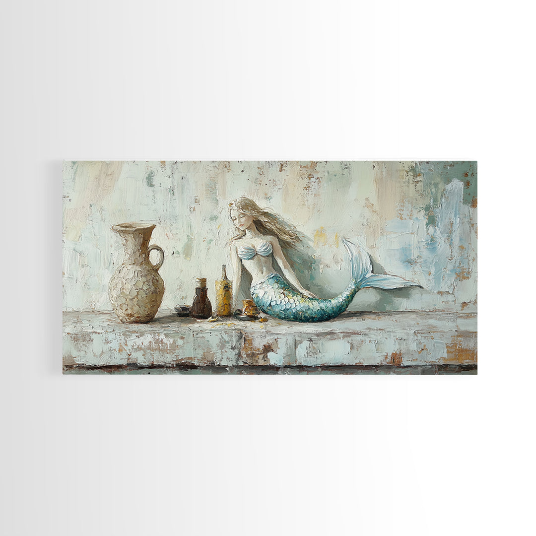 Rustic Mermaid Shelf Still Life Canvas Print, Coastal Wall Art, Beach House Decor, Nautical Bathroom Decor, Gift For Her