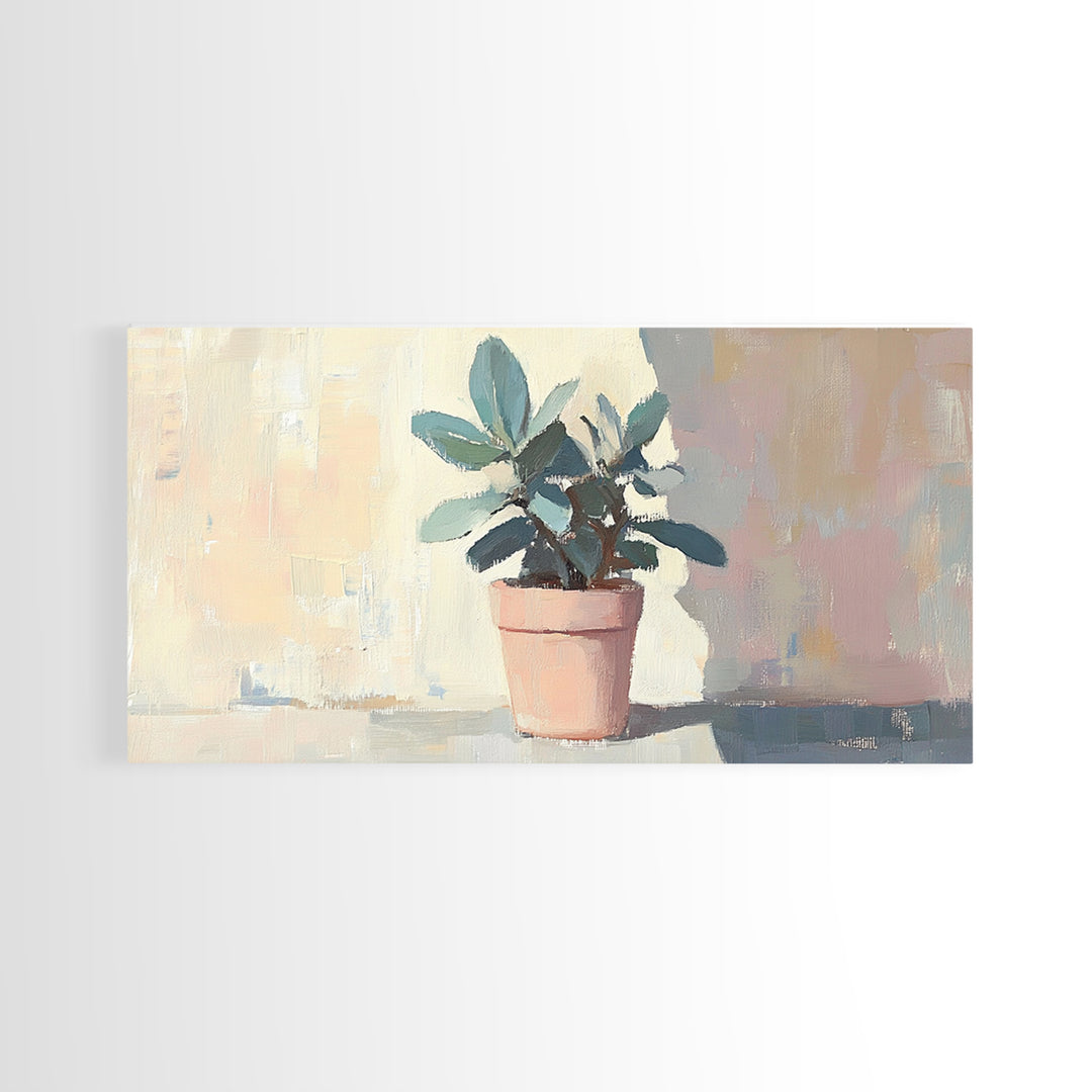 Potted Plant In Pink Pot Framed Canvas Print, Botanical Wall Art, Sage Green Decor, Modern Farmhouse Home Decor Gift Idea