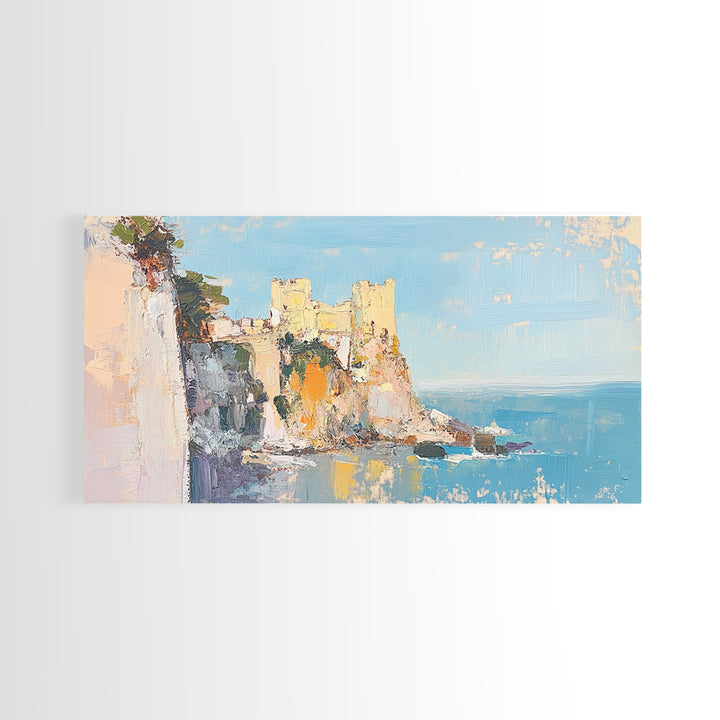Sunlit Coastal Castle By Blue Sea Canvas Print, Mediterranean Wall Art, Italy Coast Decor, Seascape Painting, Travel Gift