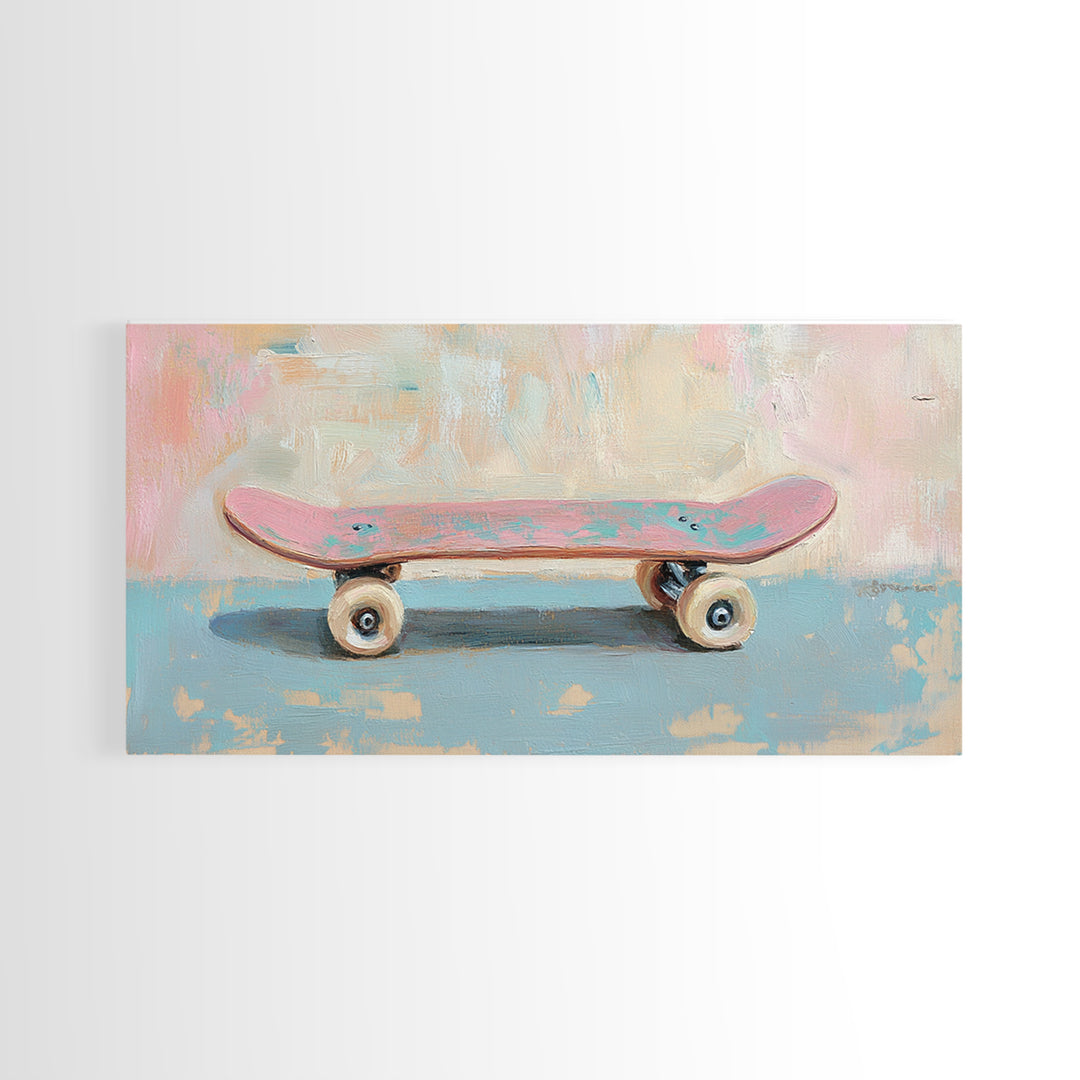 Pink Skateboard On Blue Wall Framed Canvas Print, Retro Wall Art, Teen Room Decor, Preppy Wall Art, Dopamine Decor Gift Idea
