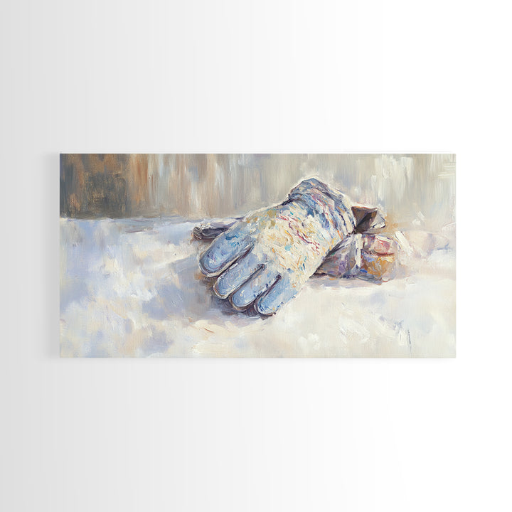 Snowy Blue Winter Glove Oil Painting Wall Art, Rustic Cabin Decor, Neutral Home Decor, Cozy Bedroom Art, Housewarming Gift
