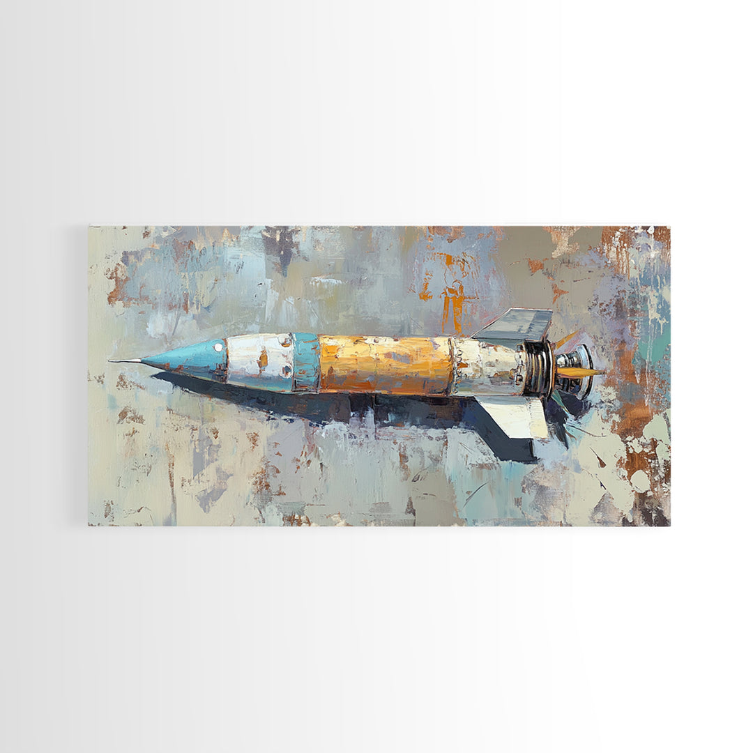Retro Rocket Ship Oil Painting Wall Art, Space Lover Gift, Sci Fi Wall Decor, Industrial Art Print, Futuristic Home Decor