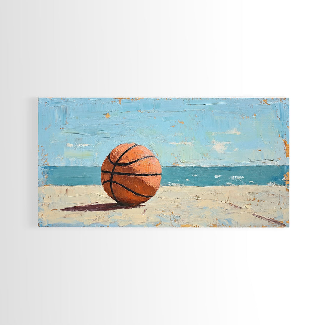 Basketball On Sandy Beach Canvas Print, Coastal Wall Art, Boys Room Decor, Sports Poster, Ocean Wall Decor, Gift For Him