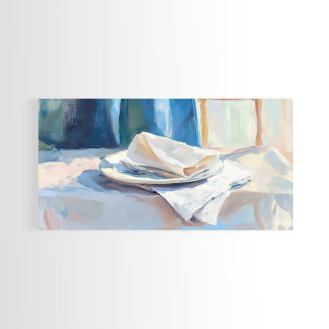 Blue Linen Plate Still Life Wall Art, Dining Room Print, Kitchen Decor, Modern Farmhouse Canvas, Neutral Home Decor, Housewarming Gift