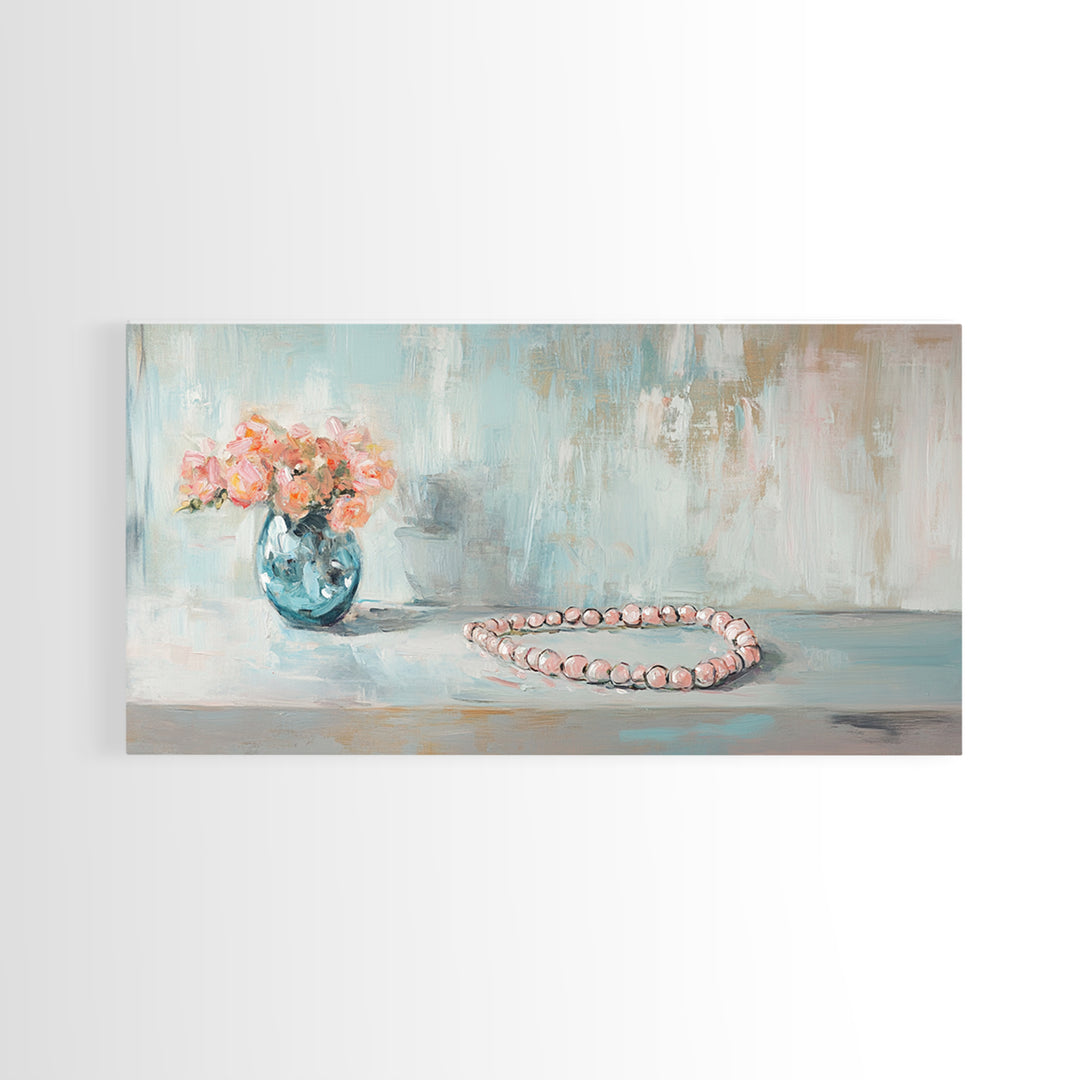 Pink Flowers And Pearl Necklace Framed Canvas Print, Feminine Wall Art, Romantic Bedroom Decor, Gift For Her, Soft Pastel Art