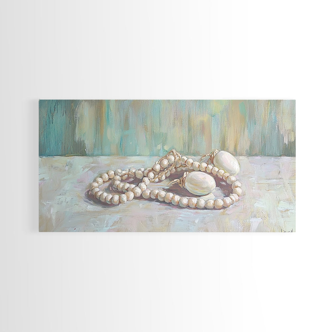White Pearl Necklace Still Life Wall Art, Feminine Coastal Decor, Elegant Bathroom Art, Romantic Bedroom Canvas Print, Gift For Her