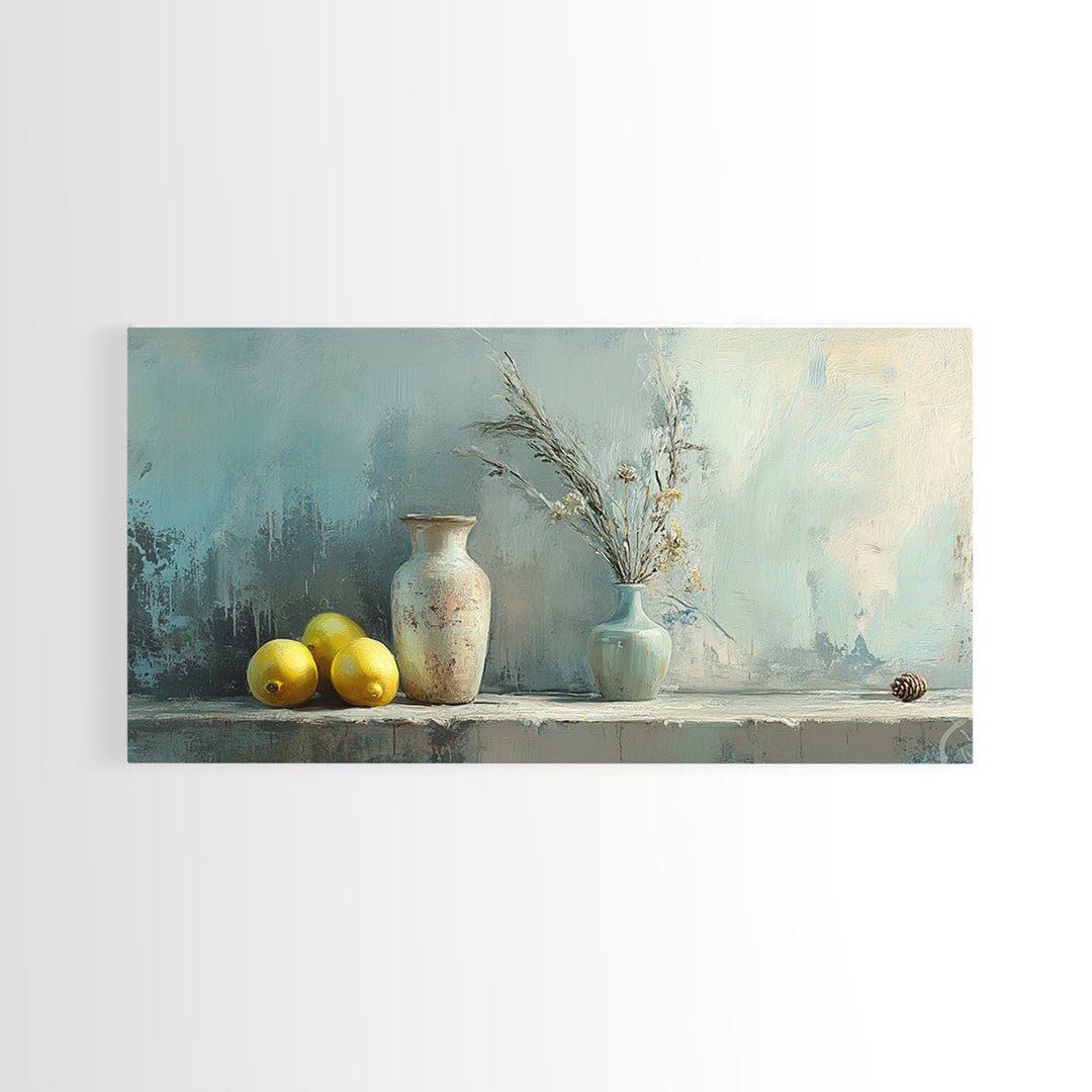 Lemons And Ceramic Vases Canvas Print, Rustic Kitchen Wall Art, French Country Decor, Neutral Still Life, Farmhouse Home Decor