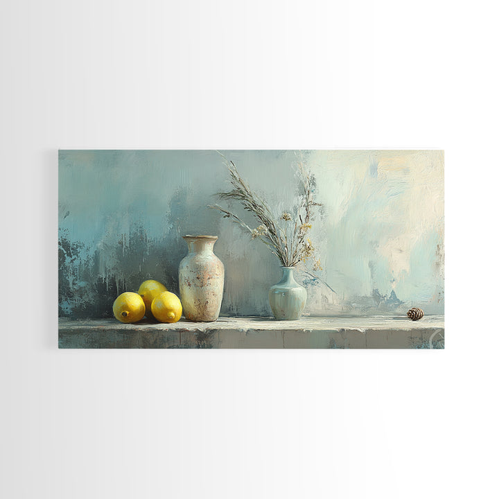 Lemons And Ceramic Vases Canvas Print, Rustic Kitchen Wall Art, French Country Decor, Neutral Still Life, Farmhouse Home Decor