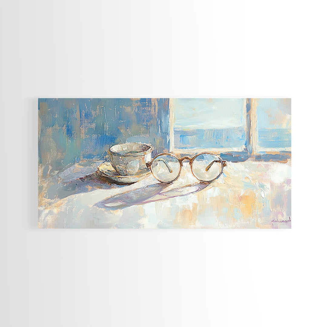 Eyeglasses And Teacup By Window Wall Art, Reading Nook Decor, Book Lover Gift, Cozy Office Canvas Print, Light Academia Decor