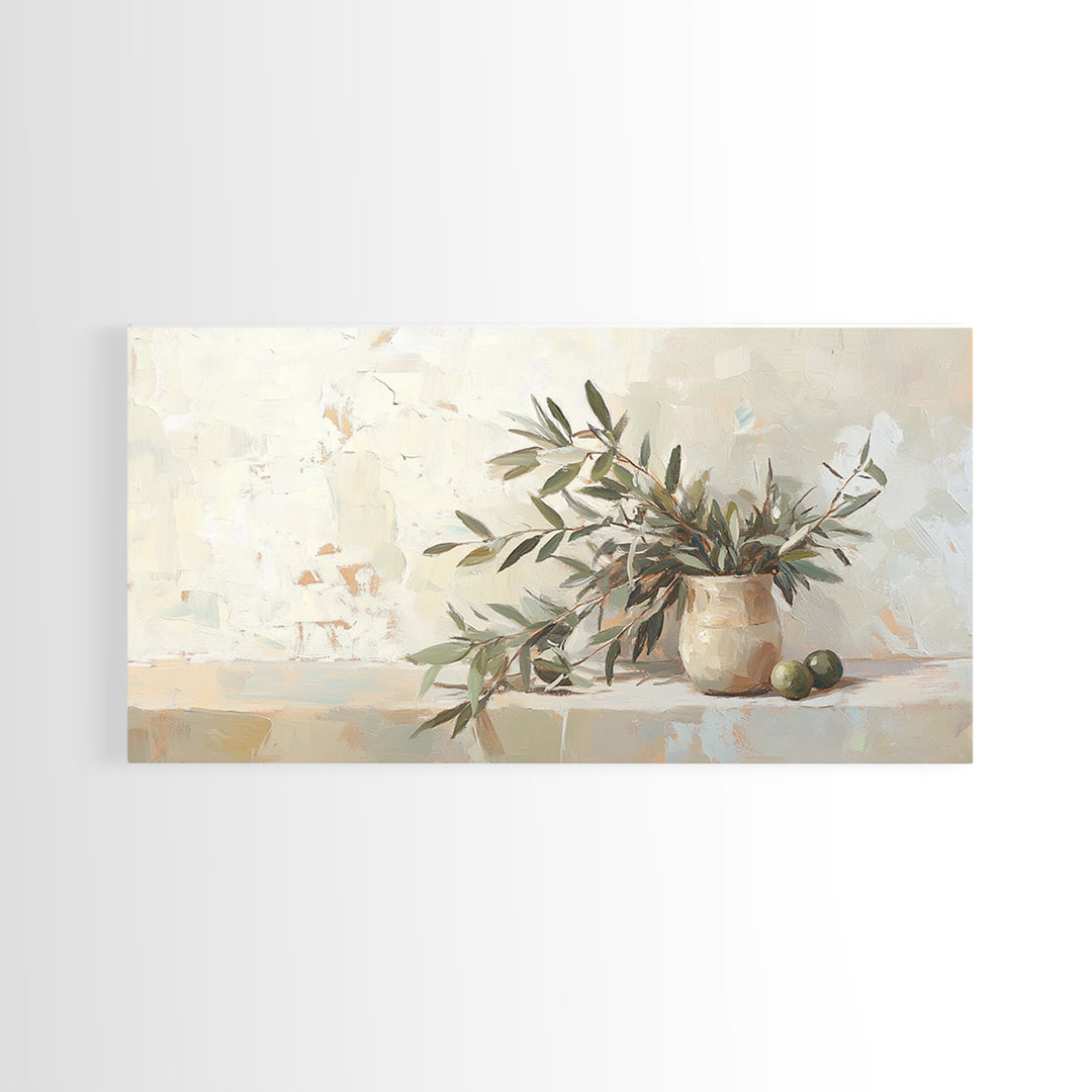 Olive Branches In Ceramic Vase Framed Canvas Print, Neutral Kitchen Decor, Botanical Wall Art, Mediterranean Home Decor Gift