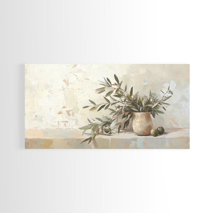 Olive Branches In Ceramic Vase Framed Canvas Print, Neutral Kitchen Decor, Botanical Wall Art, Mediterranean Home Decor Gift