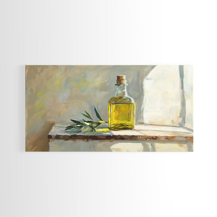 Sunlit Olive Oil Bottle On Rustic Shelf Canvas Print, Mediterranean Kitchen Wall Art, Still Life Painting, Fine Art Print