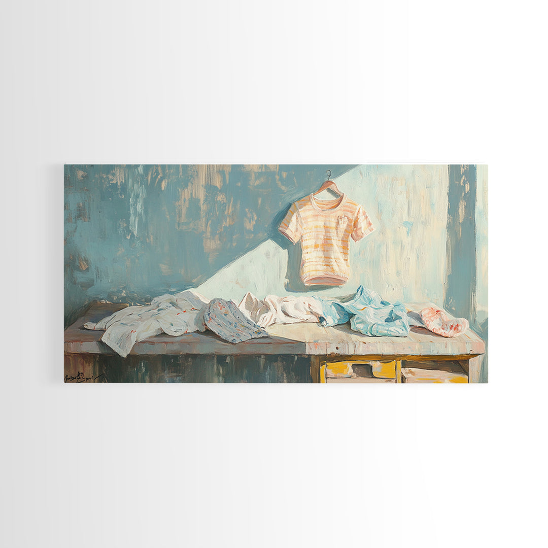 Sunlit Laundry Table With Baby Clothes Wall Art, Laundry Room Decor, Nursery Wall Art, Farmhouse Home Decor Canvas Print