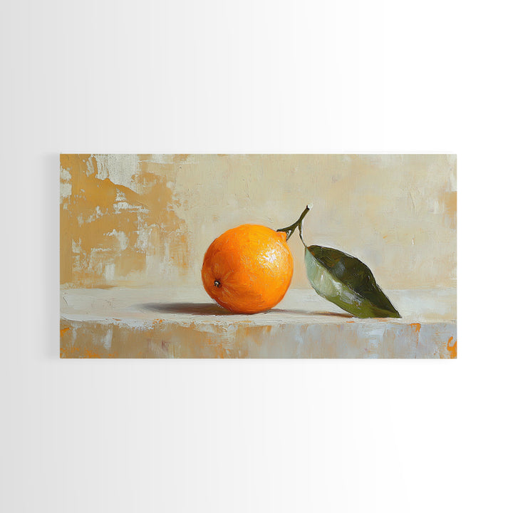 Single Orange With Glossy Green Leaf Canvas Print, Minimalist Kitchen Wall Art, Fruit Still Life, Modern Home Decor Gift