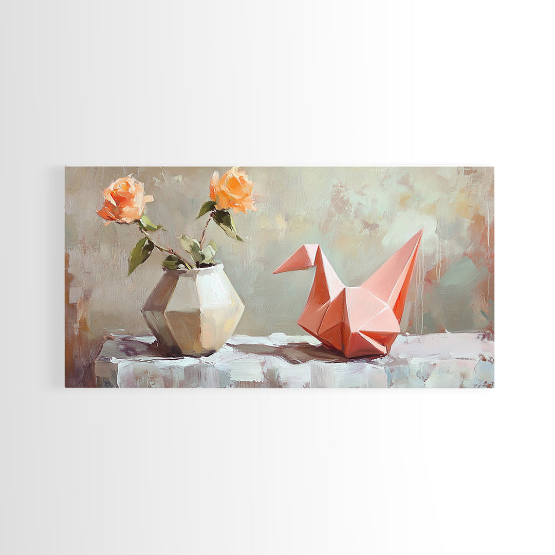 Pink Origami Fox With Peach Roses Wall Art, Whimsical Still Life Canvas Print, Girly Room Decor, Unique Gift For Her, Cute Prints