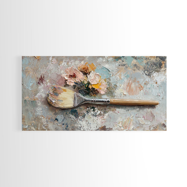 Palette Knife Paintbrush With Soft Roses Wall Art, Artist Studio Decor, Floral Still Life Canvas Print, Gift For Art Lover