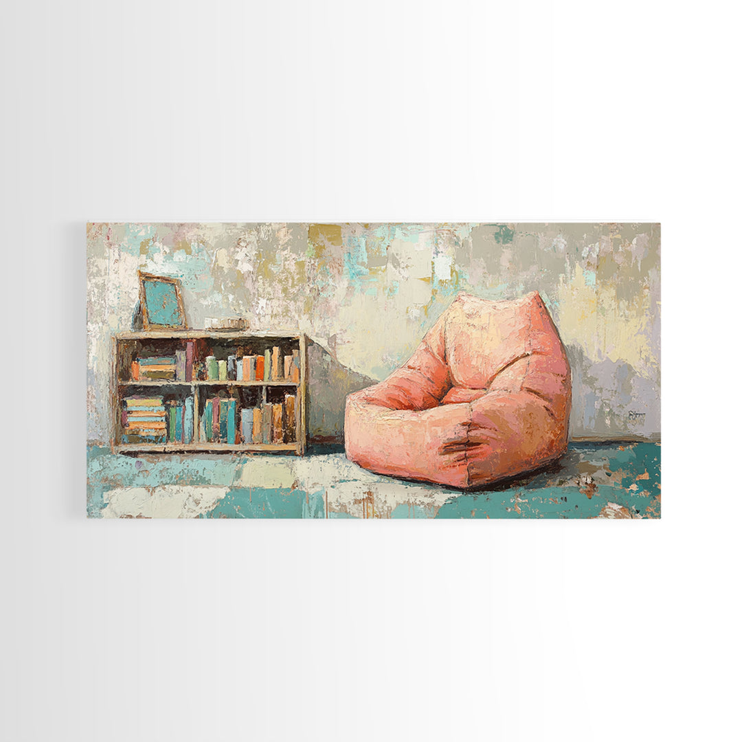 Cozy Pink Bean Bag Chair And Bookshelf Wall Art, Reading Nook Decor, Book Lover Art, Kids Room Canvas Print, Playroom Decor