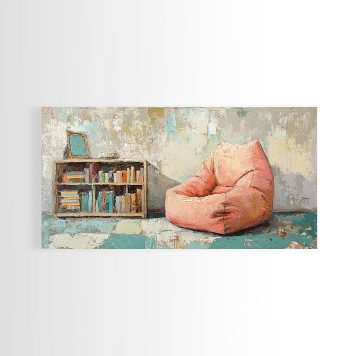 Cozy Pink Bean Bag Chair And Bookshelf Wall Art, Reading Nook Decor, Book Lover Art, Kids Room Canvas Print, Playroom Decor