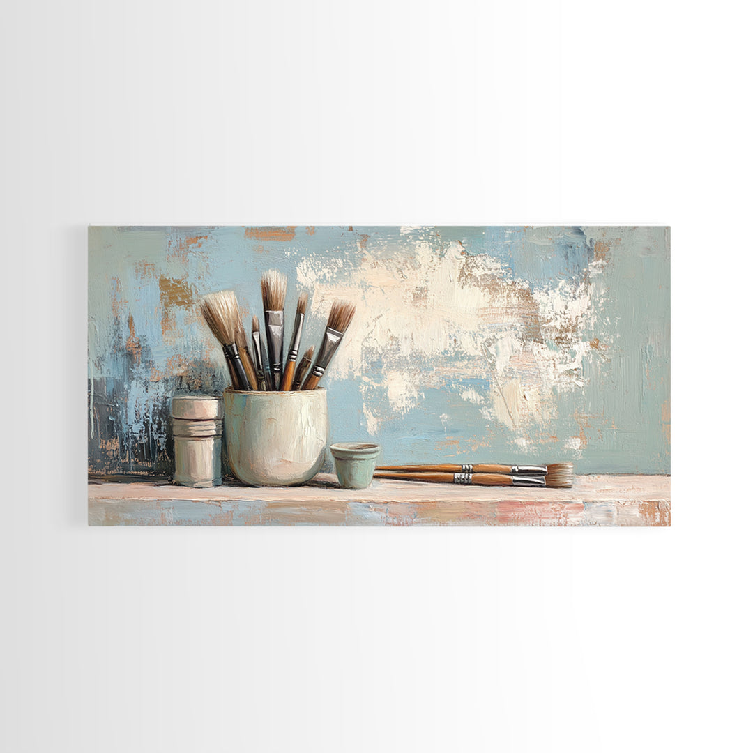 Artist Brushes In Ceramic Cup Canvas Print, Art Studio Wall Art, Creative Office Decor, Neutral Modern Home Decor Housewarming Gift