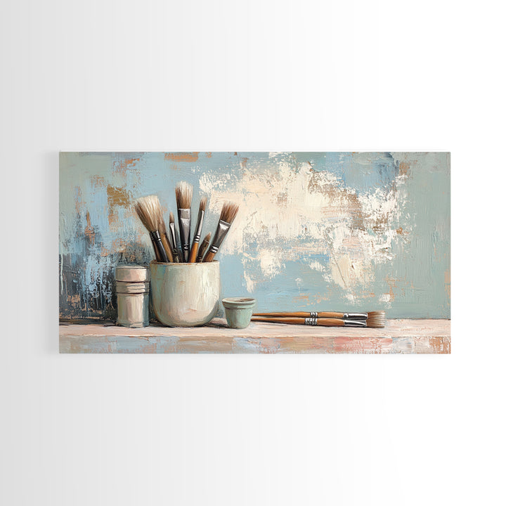 Artist Brushes In Ceramic Cup Canvas Print, Art Studio Wall Art, Creative Office Decor, Neutral Modern Home Decor Housewarming Gift