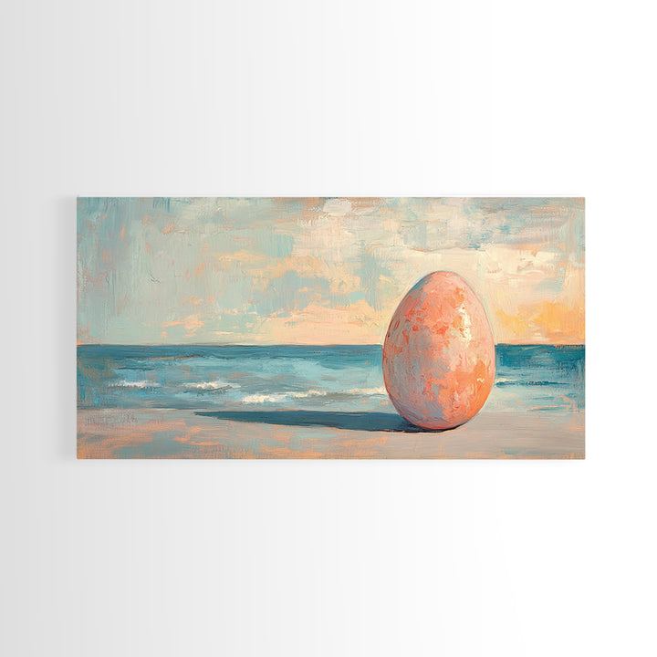 Surreal Pink Egg On Ocean Shore Canvas Print, Coastal Wall Art, Beach House Decor, Modern Seascape For Living Room, Statement Home Decor