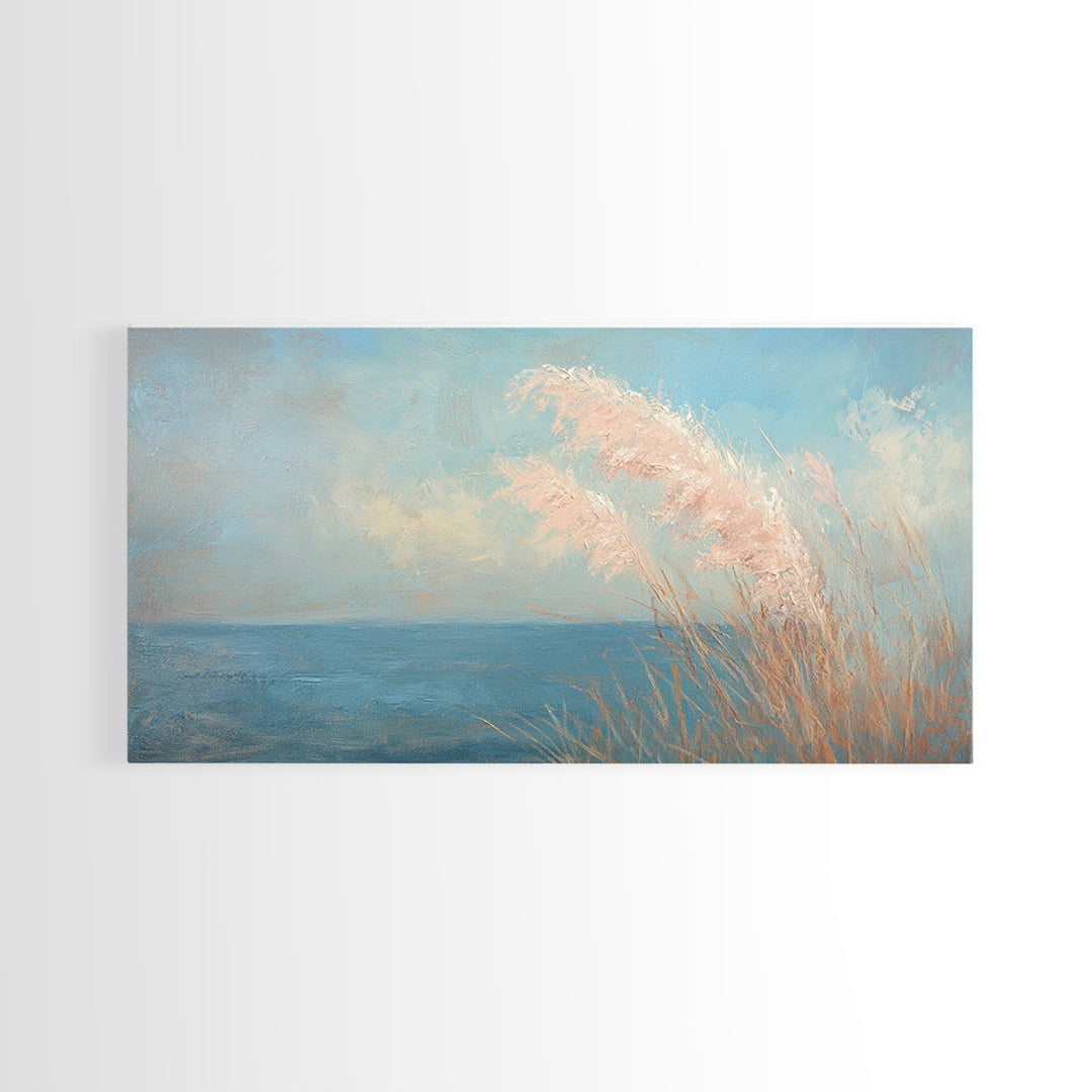 Soft Pampas Grass By Blue Sea Wall Art, Coastal Canvas Print, Minimalist Beach House Decor, Serene Nature Wall Decor, For Bedroom