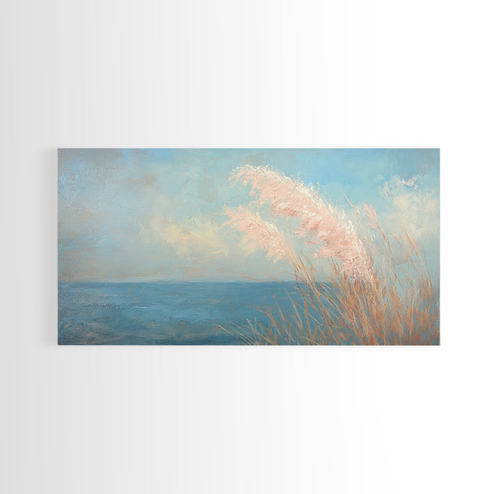 Soft Pampas Grass By Blue Sea Wall Art, Coastal Canvas Print, Minimalist Beach House Decor, Serene Nature Wall Decor, For Bedroom