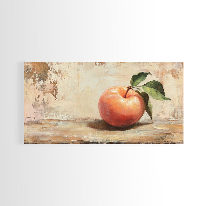 Rustic Red Apple With Green Leaves Canvas Print, Kitchen Wall Art, Farmhouse Still Life Decor, Fruit Painting Home Decor