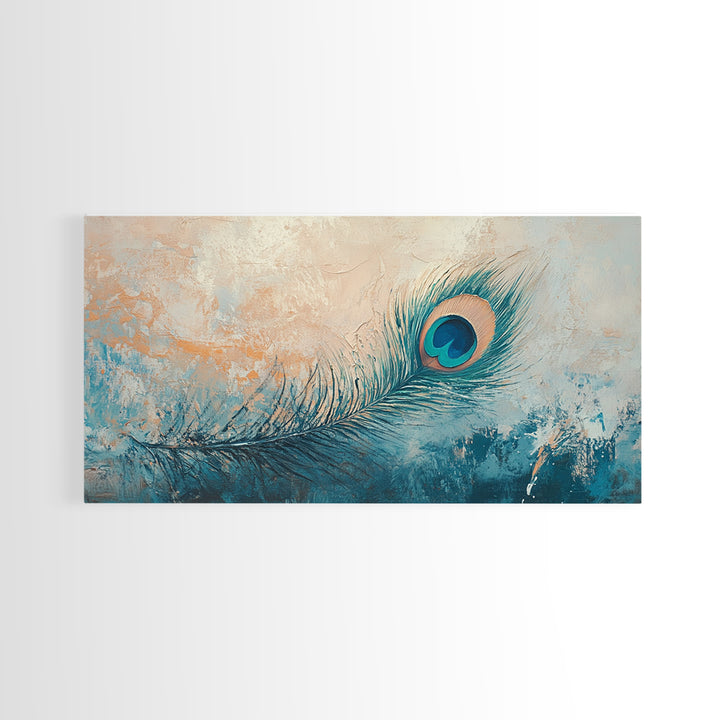 Teal Peacock Feather On Textured Beige Wall Art, Boho Canvas Print, Bird Lover Gift, Eclectic Coastal Home Decor, For Bedroom