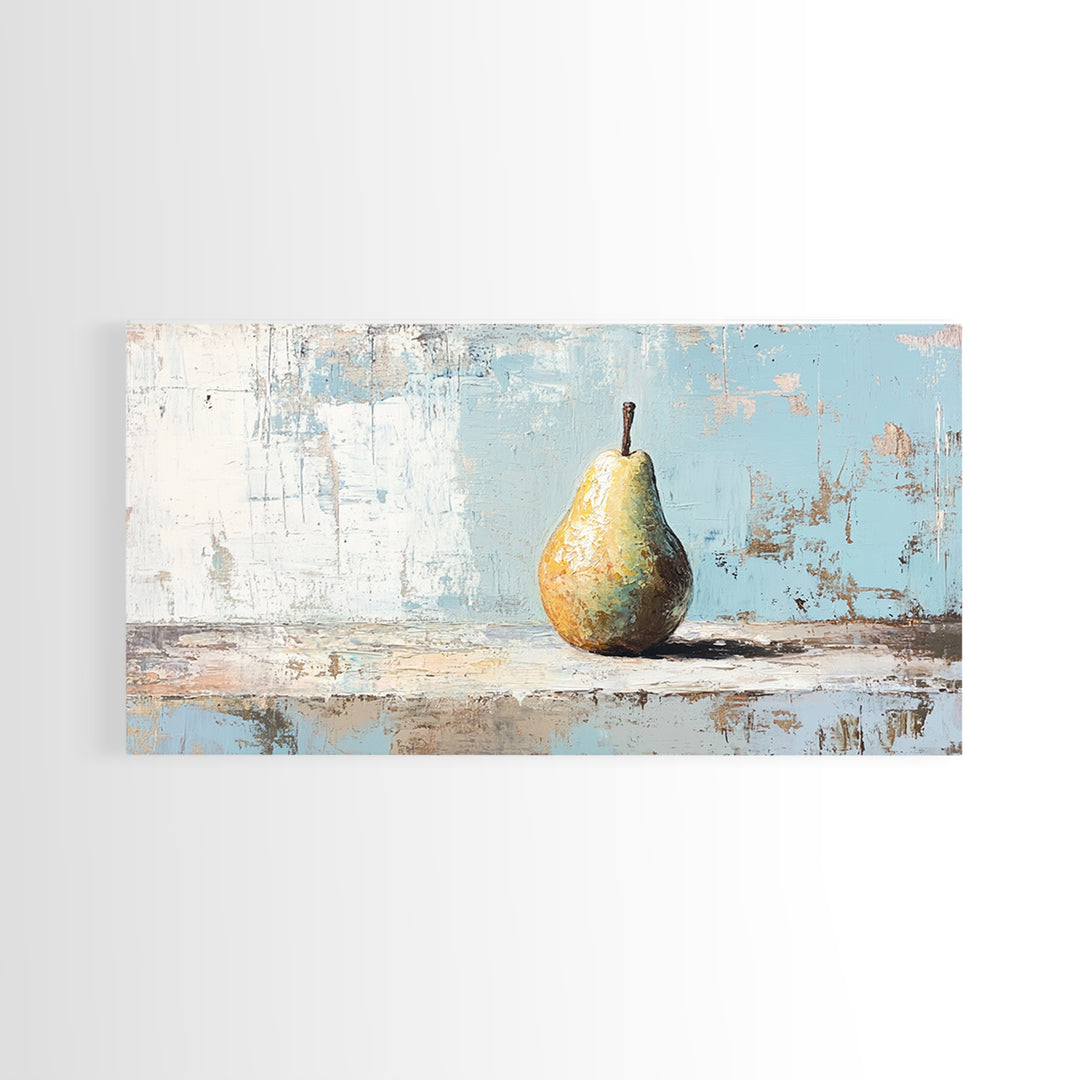 Golden Pear Still Life On Blue Rustic Canvas Print, Kitchen Wall Art, Farmhouse Fruit Decor, Neutral Home Decor, For Dining Room