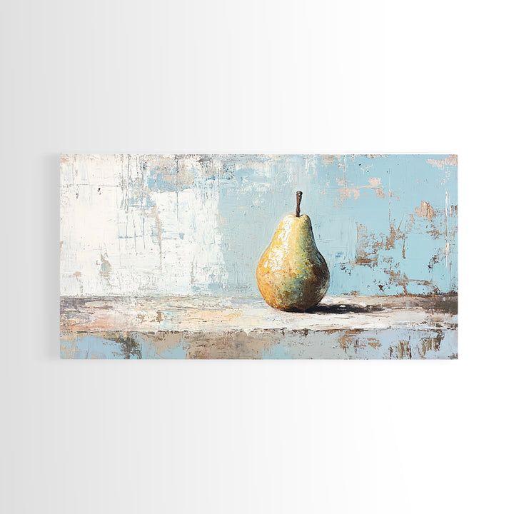 Golden Pear Still Life On Blue Rustic Canvas Print, Kitchen Wall Art, Farmhouse Fruit Decor, Neutral Home Decor, For Dining Room