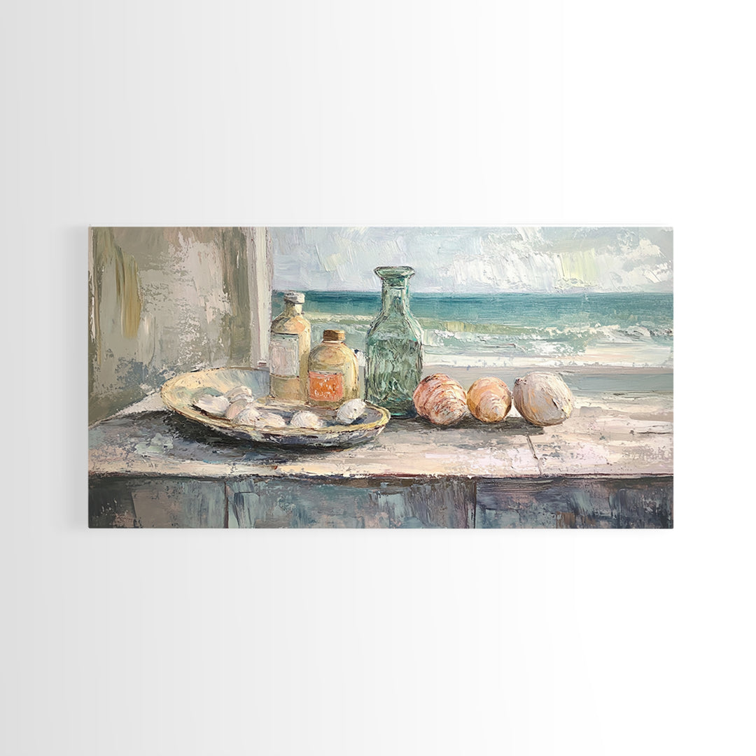 Seashells And Green Glass Bottle Canvas Print, Coastal Kitchen Wall Art, Beach House Decor, Nautical Still Life Fine Art Print