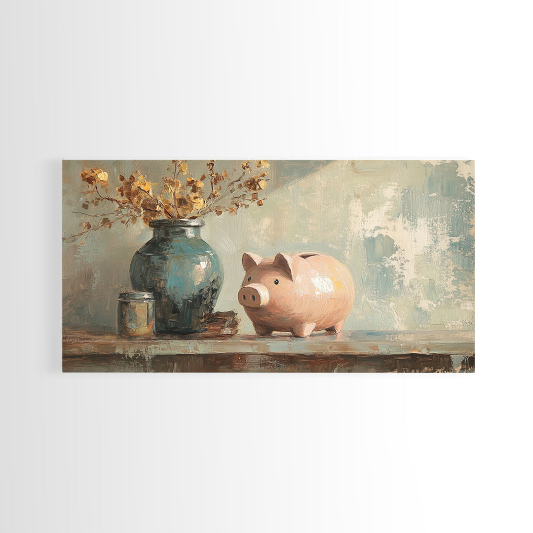 Pink Piggy Bank And Rustic Vase Wall Art, Whimsical Farmhouse Decor, Nursery Animal Canvas Print, Housewarming Gift, Gift For Her