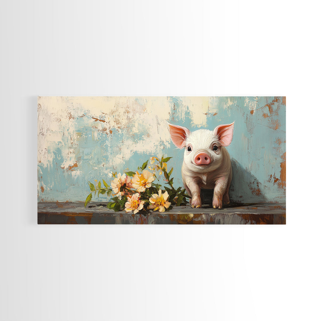 Cute Piglet With Spring Flowers Canvas Print, Farm Animal Wall Art, Whimsical Nursery Decor, Farmhouse Kitchen Wall Decor