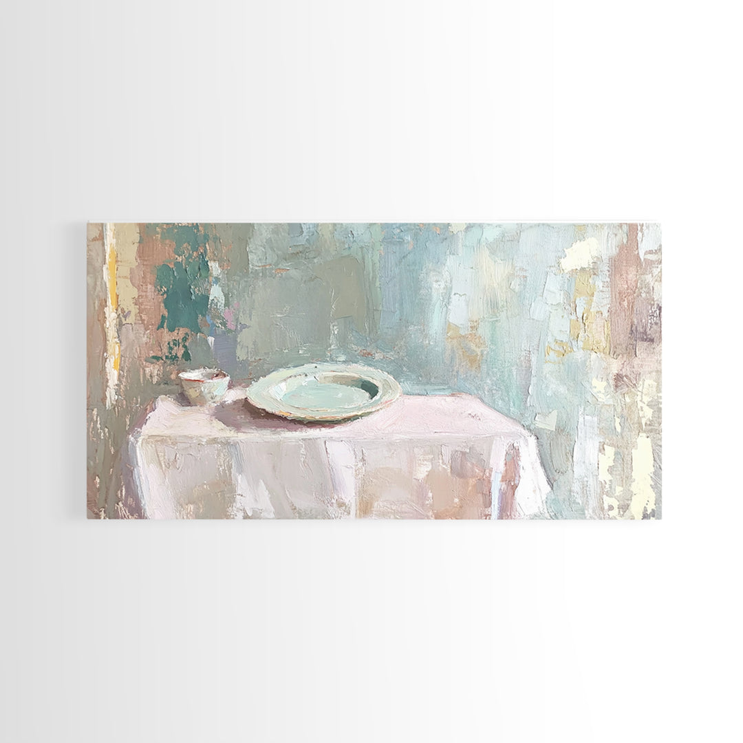 Pale Plate And Bowl Still Life Wall Art, Minimalist Kitchen Decor, Neutral Canvas Wall Art, Modern Dining Room Print, Home Decor