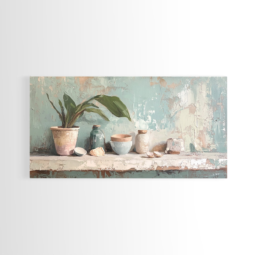 Potted Plant And Ceramic Bowl Canvas Print, Botanical Wall Art, Japandi Kitchen Decor, Neutral Home Decor For Living Room