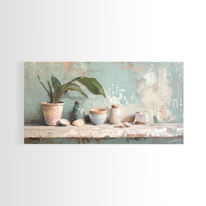 Potted Plant And Ceramic Bowl Canvas Print, Botanical Wall Art, Japandi Kitchen Decor, Neutral Home Decor For Living Room