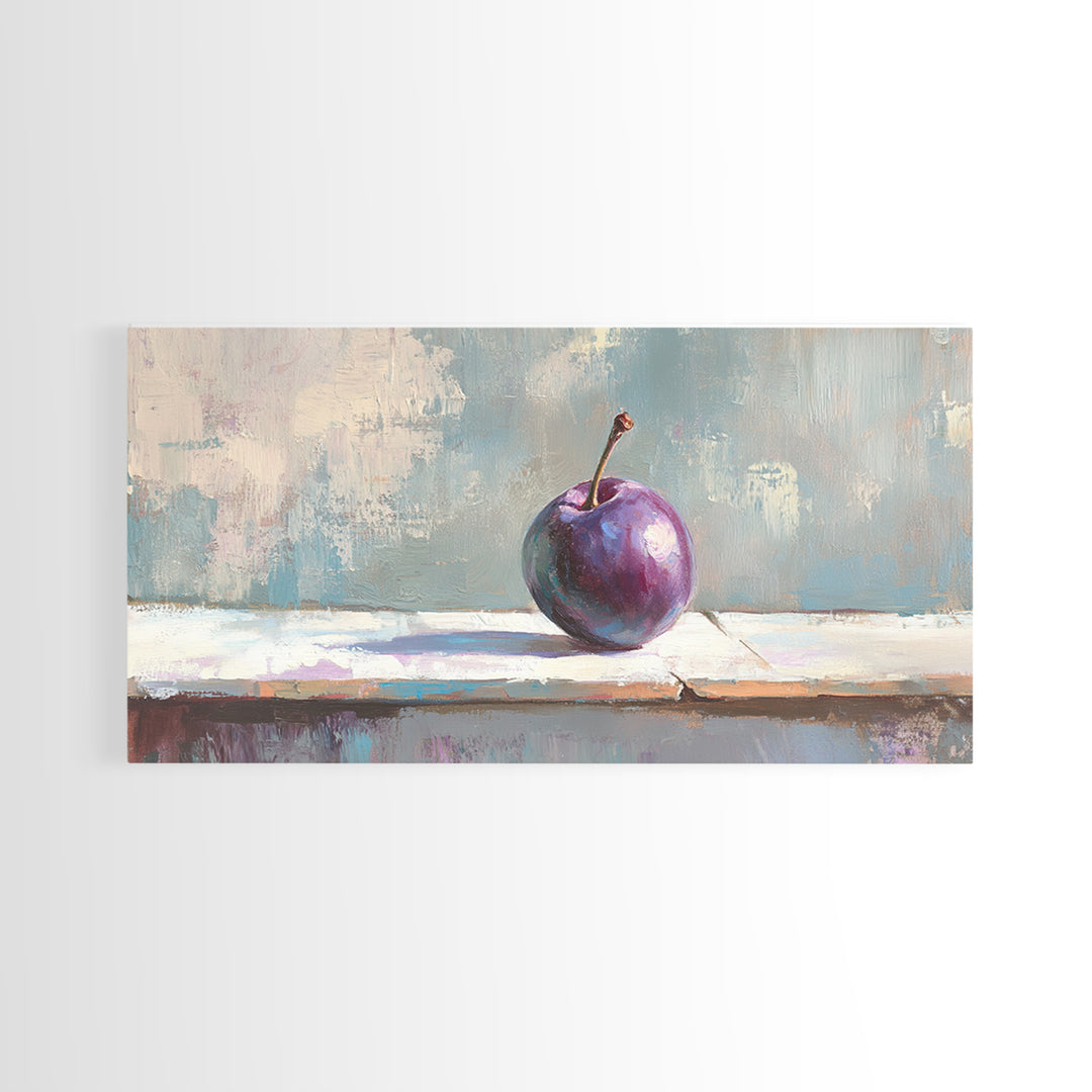 Single Purple Plum Still Life Canvas Print, Minimalist Kitchen Wall Art, Fruit Art Painting, Modern Rustic Home Decor Gift