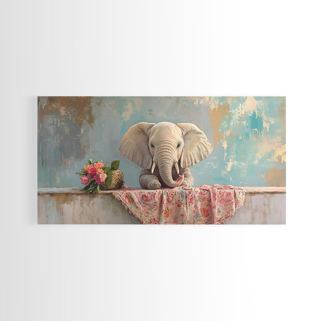 Baby Elephant With Flowers Framed Canvas Print, Safari Nursery Wall Art, Animal Wall Decor, Whimsical Kids Room Decor, Baby Shower Gift