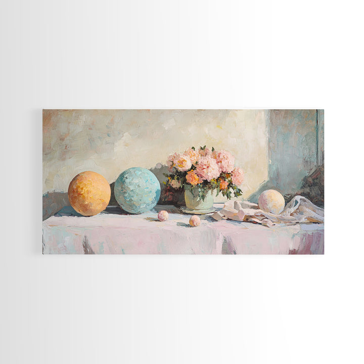 Pastel Orbs And Pink Flowers Canvas Print, Feminine Floral Wall Art, Dreamy Still Life Decor, Soft Bedroom Wall Decor For Her