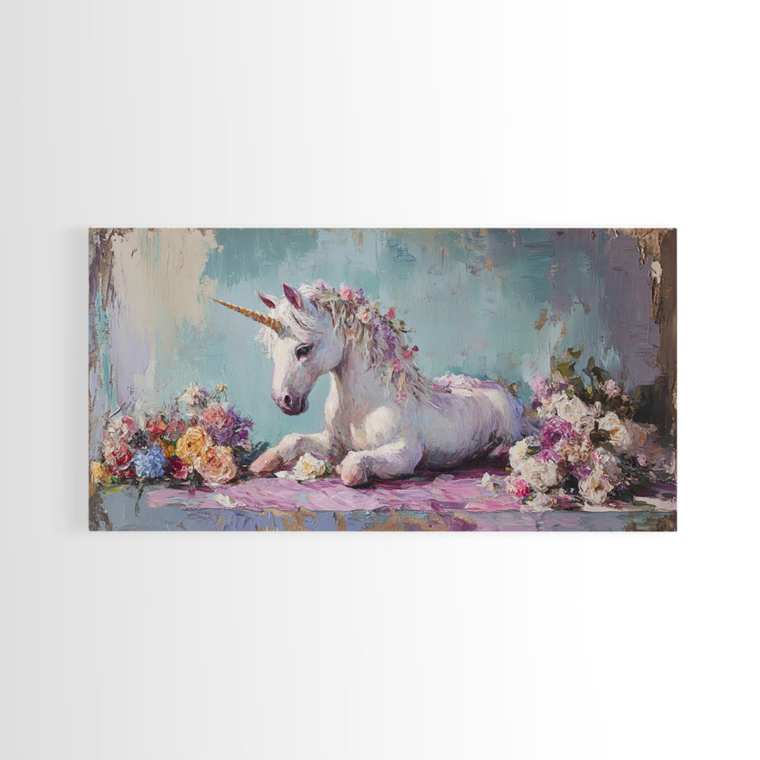 White Unicorn With Floral Garland Canvas Print, Fantasy Nursery Wall Art, Whimsical Girls Room Decor, Magical Gift For Her