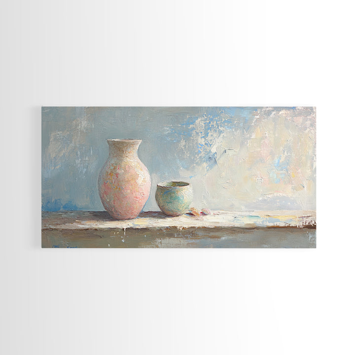 Pastel Ceramic Vase And Small Pot Wall Art, Minimalist Still Life, Neutral Home Decor, Modern Farmhouse Art, Living Room Decor