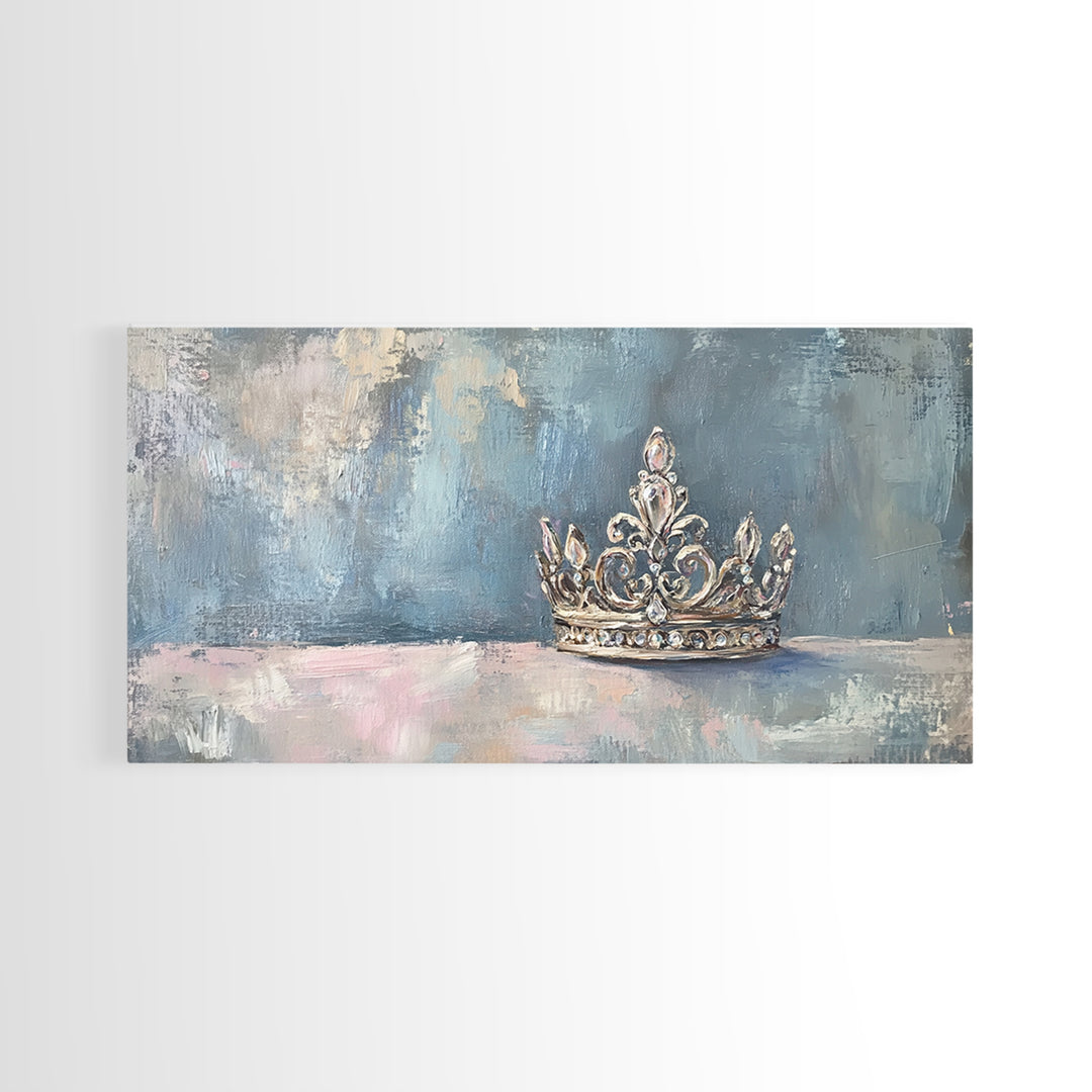 Silver Crown Still Life Wall Art, Princess Room Decor, Elegant Feminine Canvas Painting, Luxury Bedroom Gallery Wall Fine Art Print
