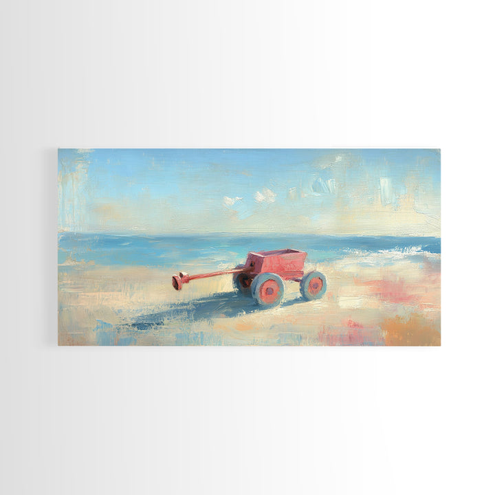 Red Toy Wagon On Sandy Beach Canvas Print, Coastal Nursery Wall Art, Whimsical Ocean Decor, Summer Kids Room Decor Print
