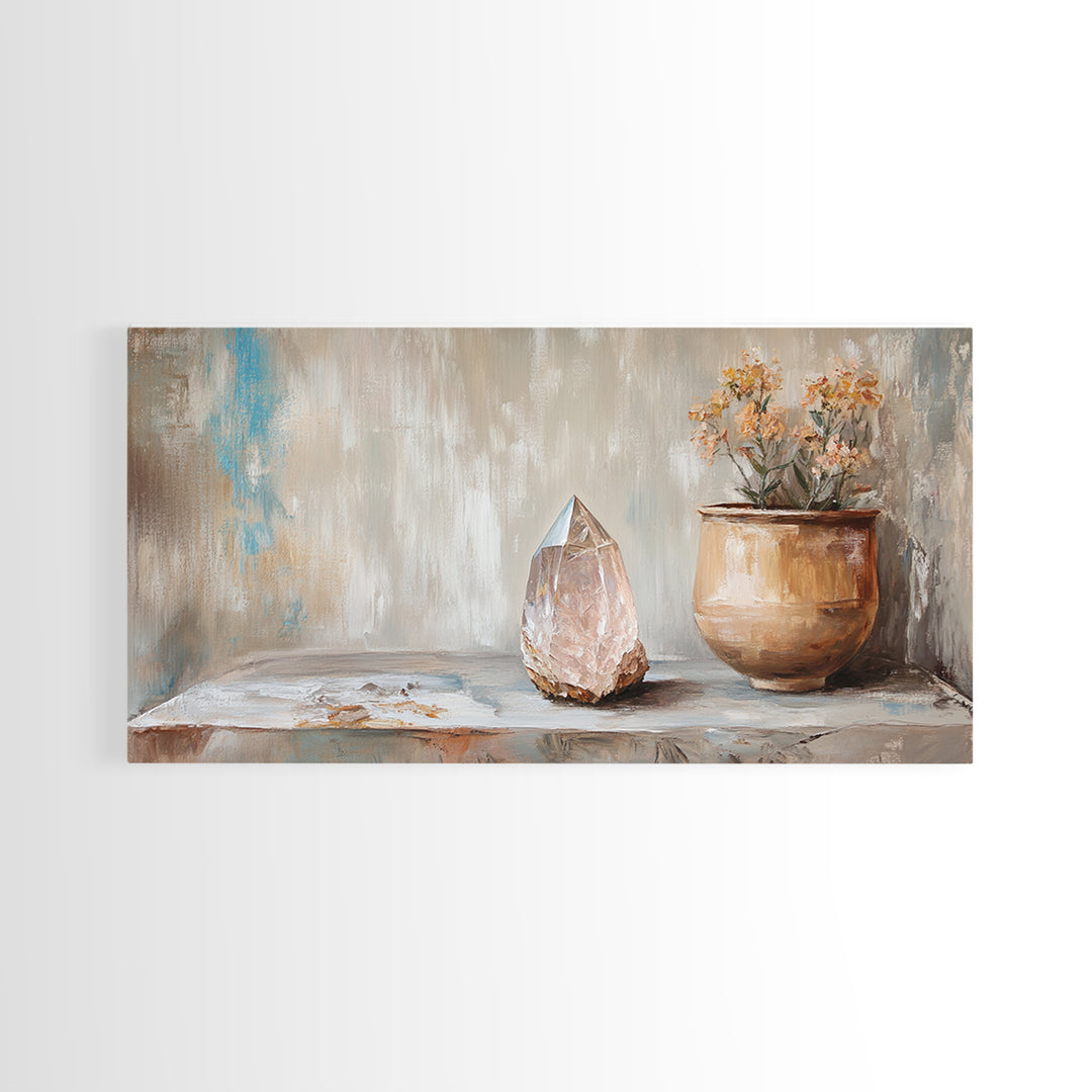 Rose Quartz Crystal And Potted Flowers Wall Art, Zen Still Life Painting, Earth Tone Boho Decor, Spiritual Canvas Print, Unique Gift