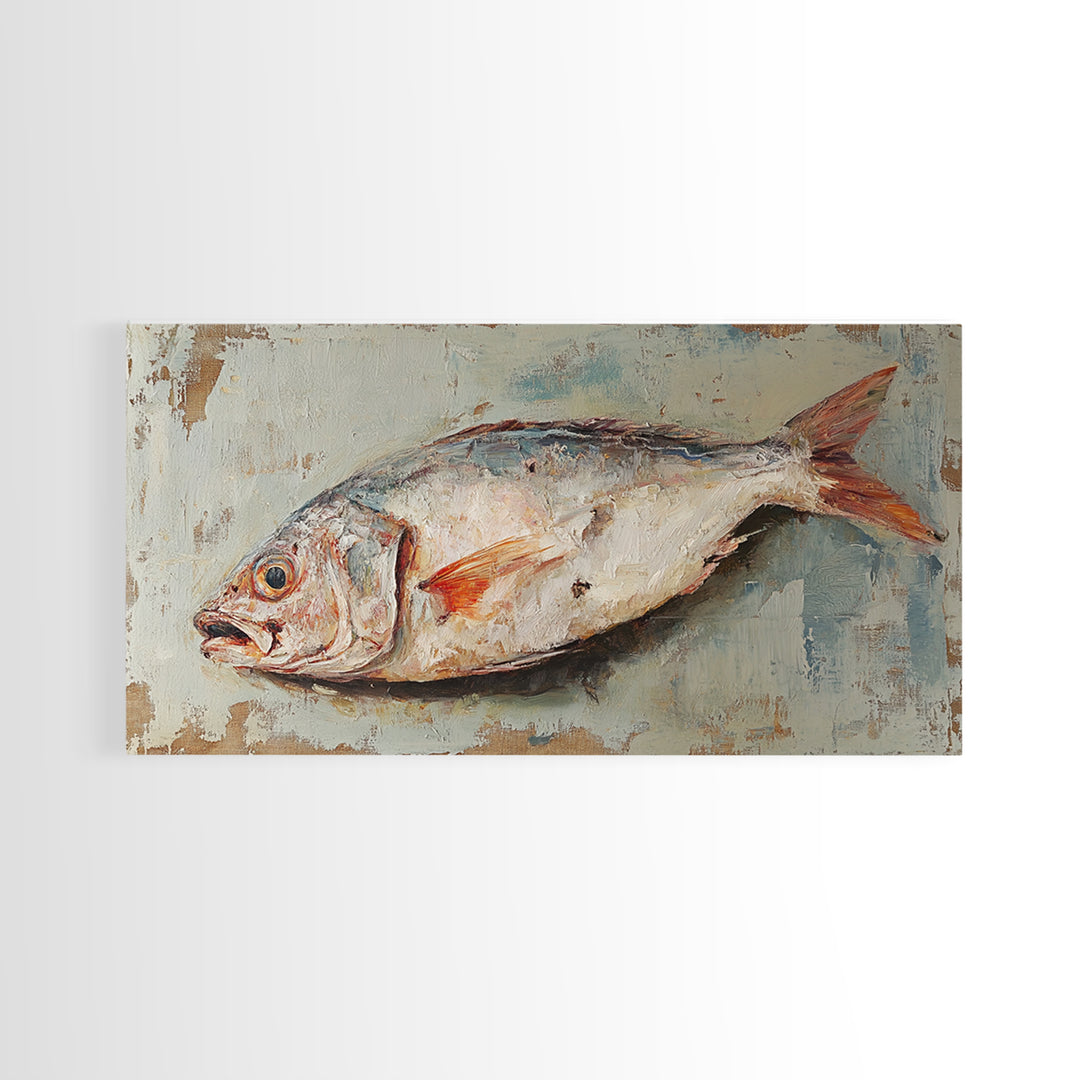 Rustic Whole Fish Oil Painting Wall Art, Coastal Kitchen Decor, Seafood Still Life, Nautical Dining Room Canvas Art Print