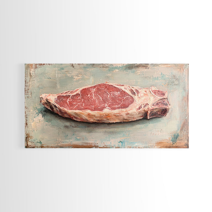 Raw Steak Oil Painting Canvas Print, Butcher Shop Kitchen Wall Art, Rustic Food Decor, Dining Room Art For Chefs, Restaurant Decor