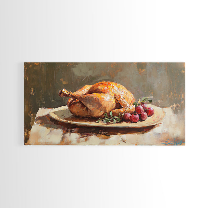 Roast Chicken And Grapes Oil Painting Wall Art, Rustic Kitchen Decor, Foodie Gift, Farmhouse Dining Room Canvas Print For Chefs