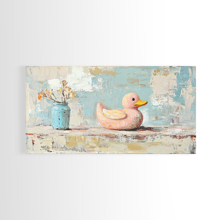 Whimsical Pink Duck With Flowers Canvas Print, Cute Bathroom Wall Art, Nursery Decor, Playroom Art, Gift For Her, Kids Room Decor